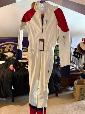 White Hooded Women’s Track Jumpsuit with Red & Navy Accents